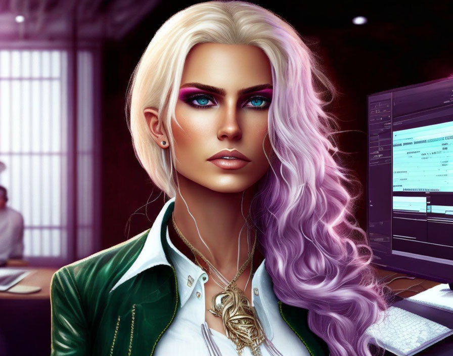 Portrait of a woman with white and purple hair and blue eyes in green jacket