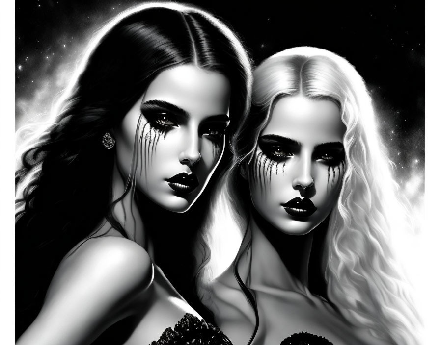 Contrasting dark and light hair and makeup on two women against starry black background