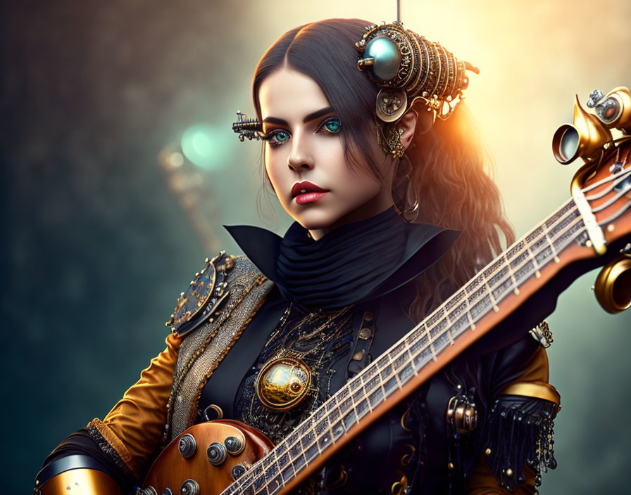 Digital Artwork: Woman with Blue Eyes in Steampunk Attire with Guitar