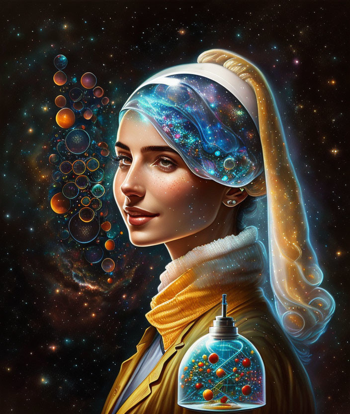 Digital portrait: Woman with cosmic head wrap, galaxy flask, starry space backdrop