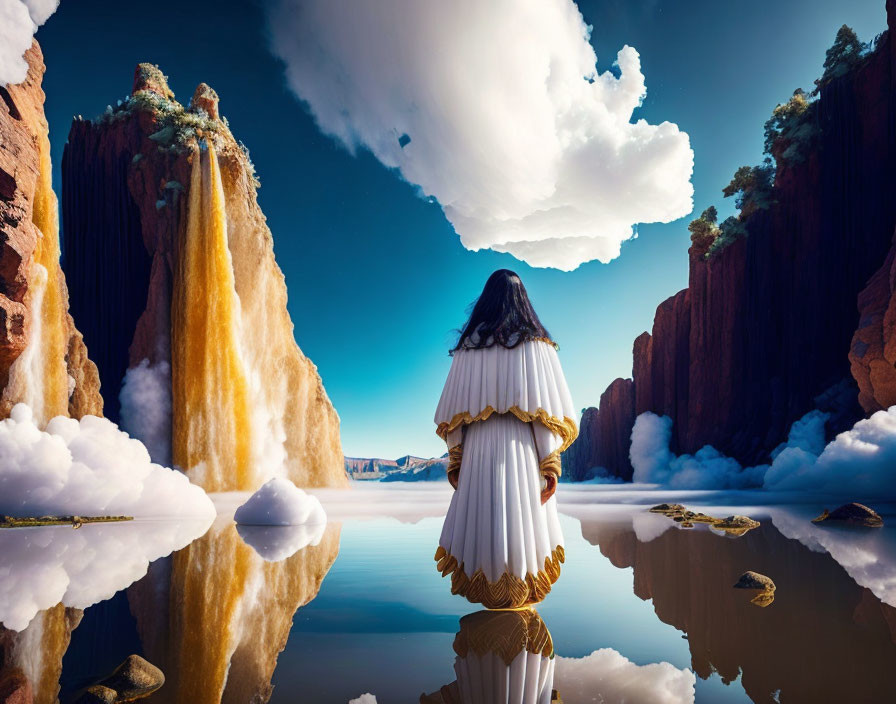 Woman in White Dress by Reflective Lake with Red Cliffs