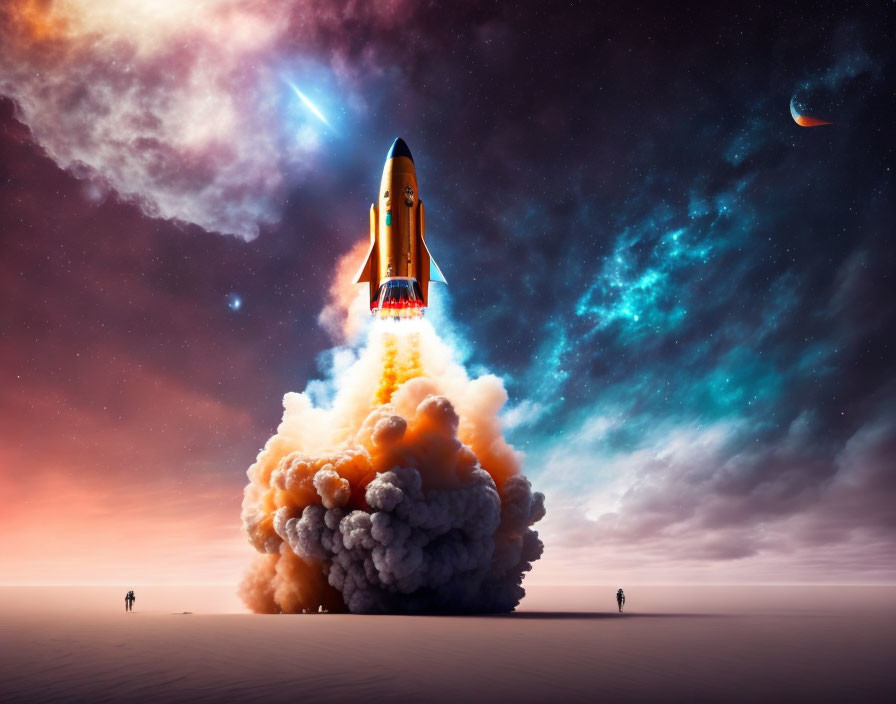 Space shuttle launch over desert with silhouetted figures