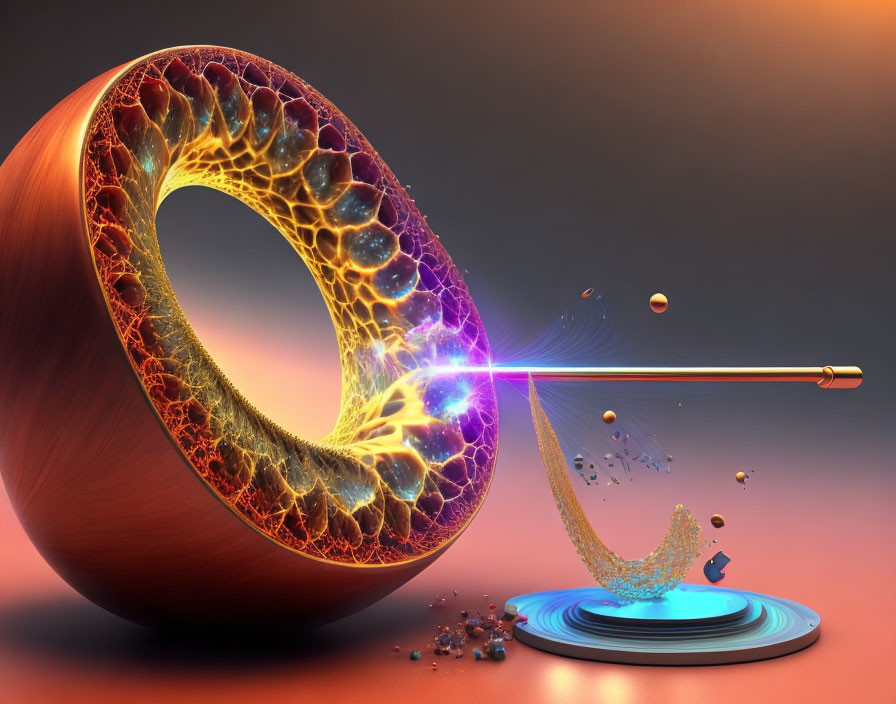 Futuristic 3D art: Torus with glowing lava interior and beam disruption