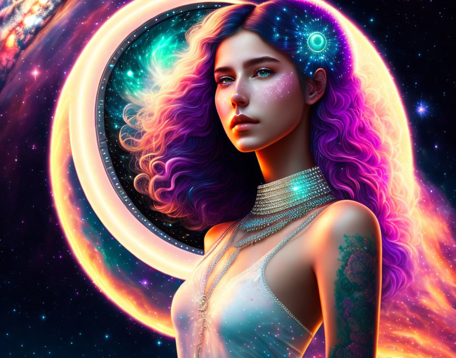 Colorful space-themed hair woman in cosmic backdrop with crescent moon