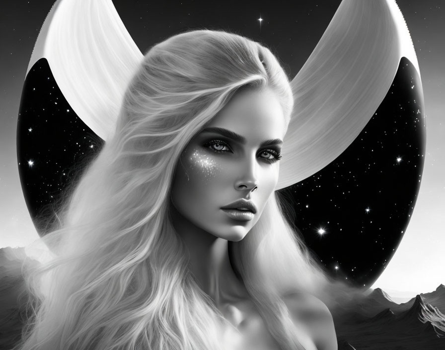 Monochromatic fantasy illustration of a woman with luminescent eyes and glittering skin