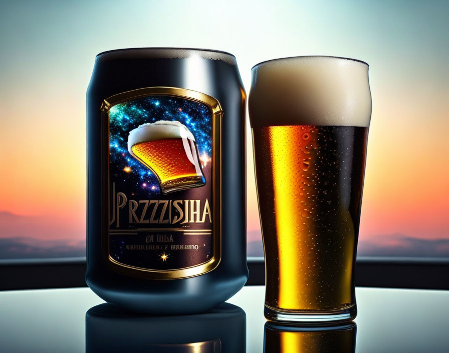 Beer can and glass on reflective surface with cosmic design, vibrant sunset background