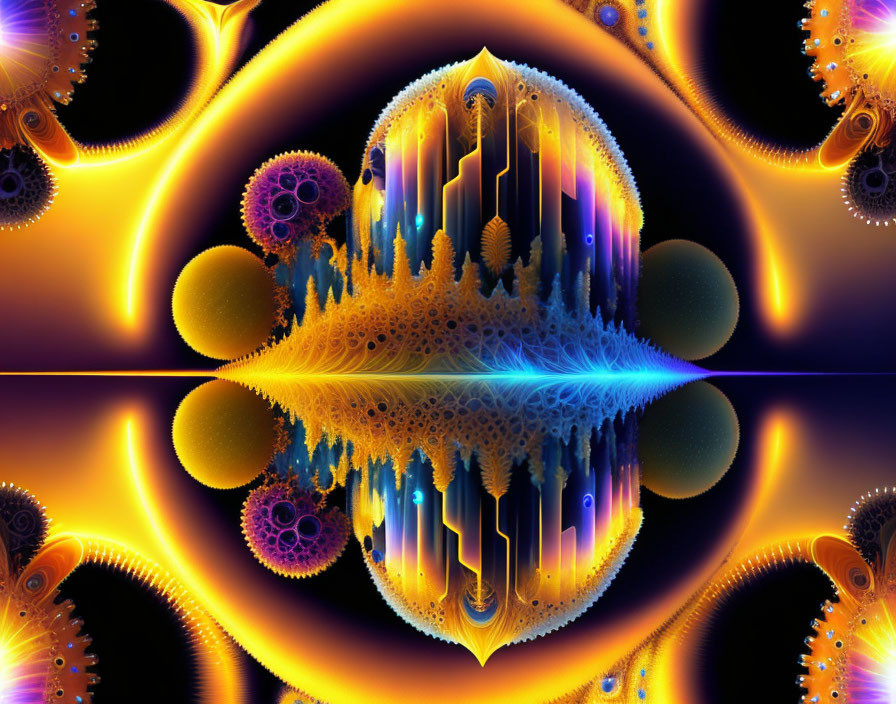 Symmetrical fractal image with vibrant orange, blue, and yellow hues depicting intricate patterns and a spiked