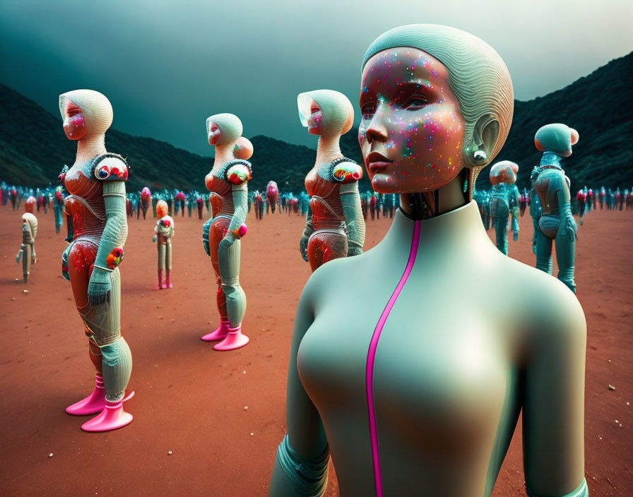 Colorful humanoid robots in desert landscape under red sky