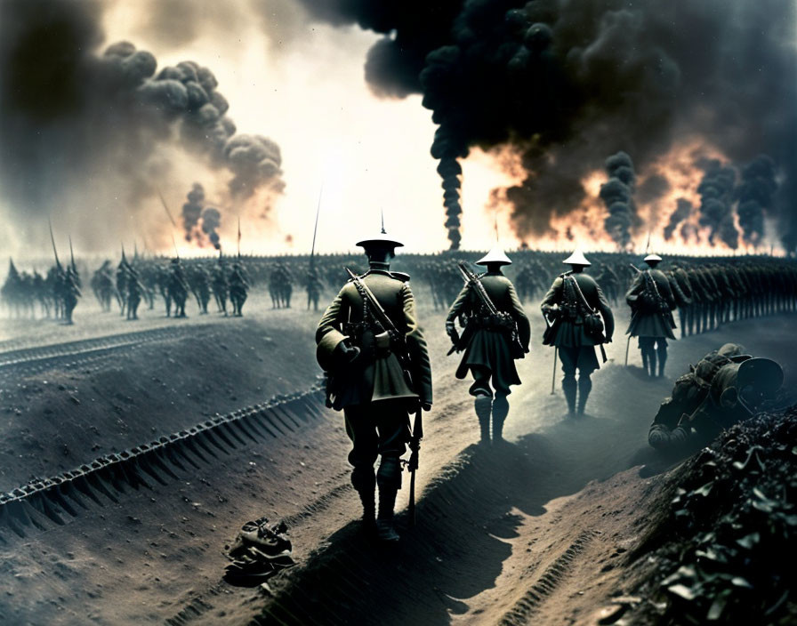 Vintage soldiers in military gear on battlefield with smoke plumes