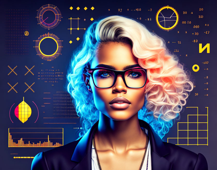 Digital artwork: Woman with glasses & colorful hair in futuristic interface with graphs & data.