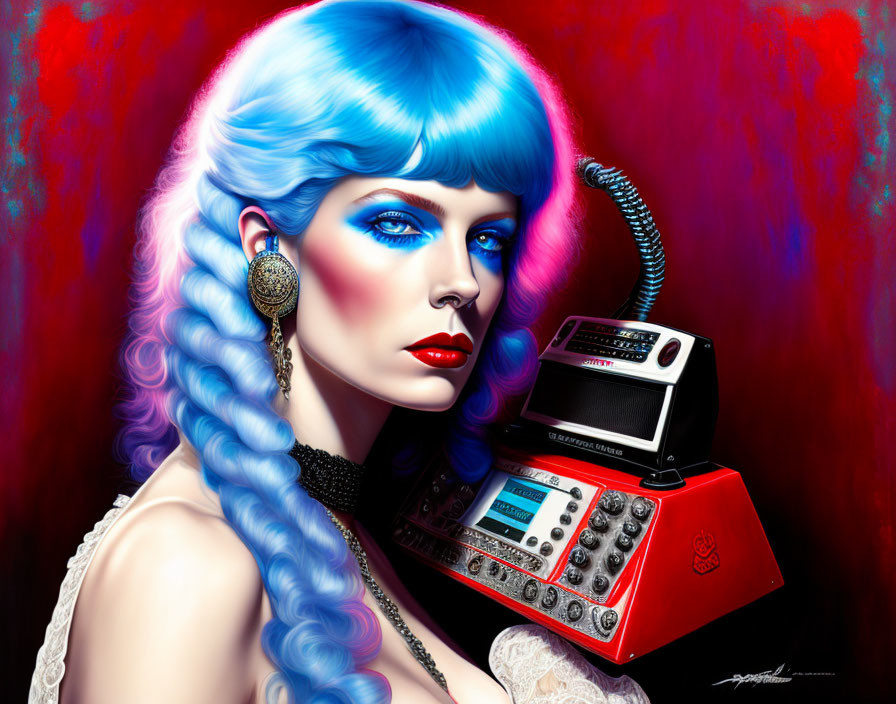 Vibrant blue-haired woman on red phone call against red backdrop