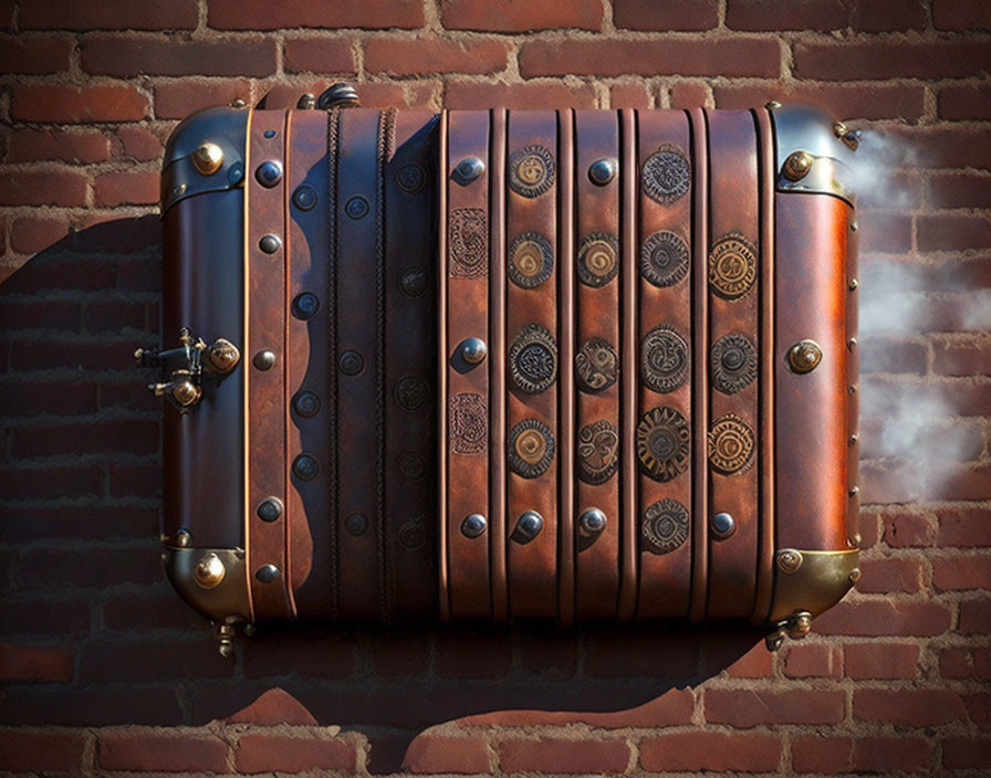 Vintage-Style Suitcase with Ornate Designs and Brass Accents Emitting Steam on Brick Wall