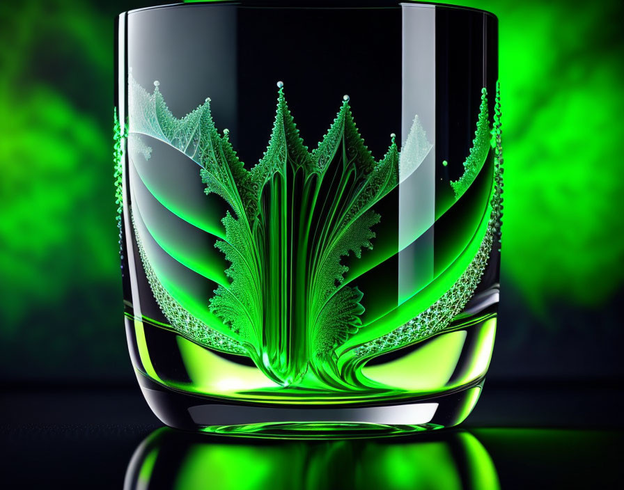 Vibrant green fractal patterns in clear glass on dark background