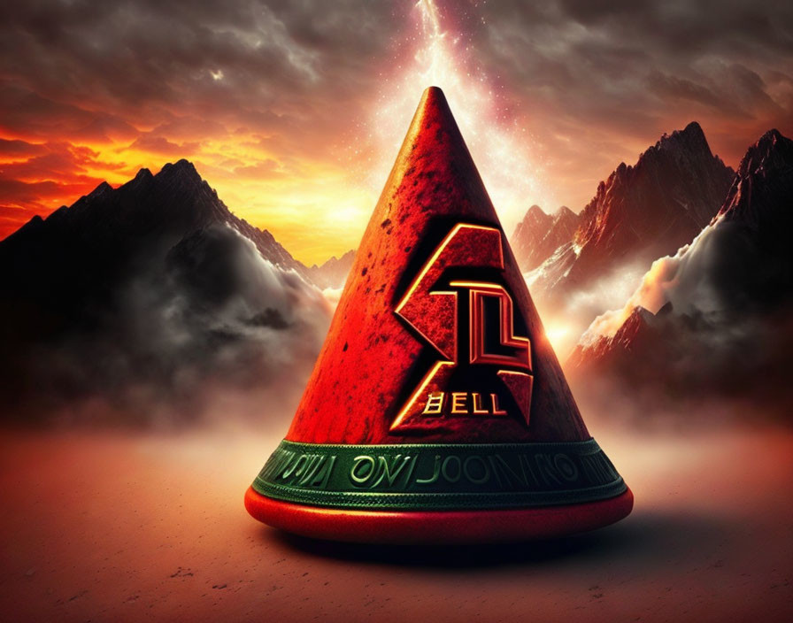 Colorful Taco Bell hot sauce packet against fiery sky and misty mountains