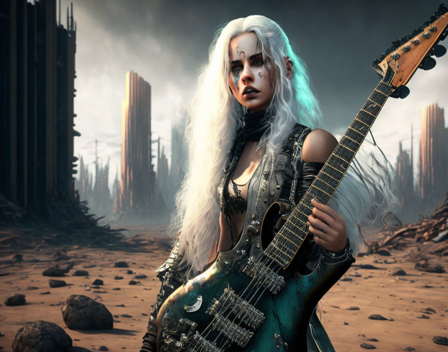 White-haired woman with guitar in desolate landscape with dark makeup