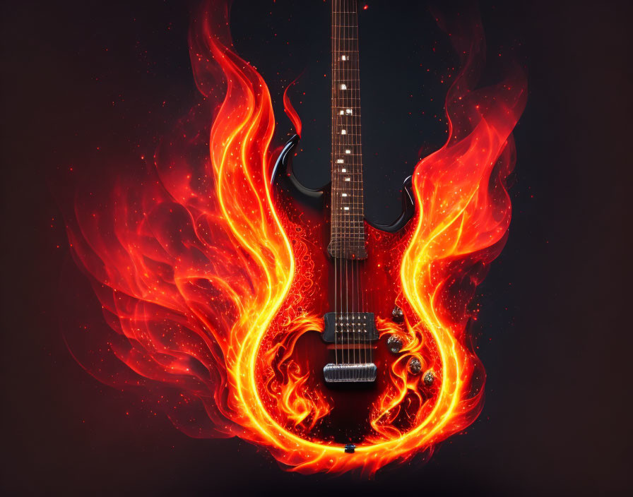 Flaming electric guitar on dark background