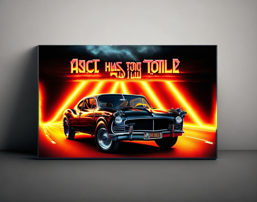 Classic Car Canvas Print with Stylized Text and Light Streaks