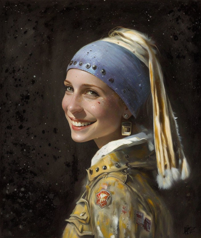 Smiling woman with blue headband in yellow jacket portrait