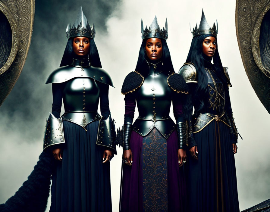 Three women in ornate armor and crowns standing confidently with shield-like structures against a dark backdrop