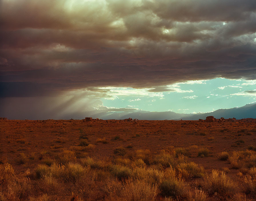 Dramatic desert landscape under sunlight and cloudy sky