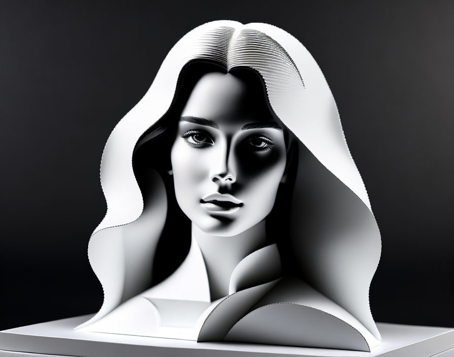 Monochrome 3D rendering of a woman's face with sleek contours