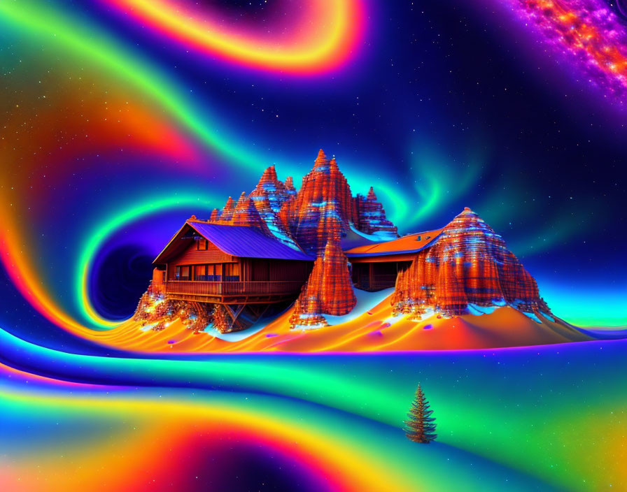 Colorful Swirling Mountains and Wooden Cabin in Surreal Landscape