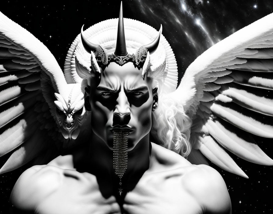 Monochrome art of stern-faced male figure with horns and wings on starry backdrop