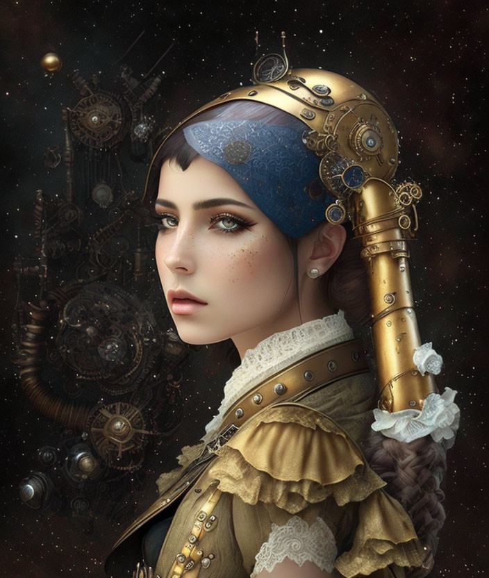 Steampunk woman portrait with mechanical headdress and gears background