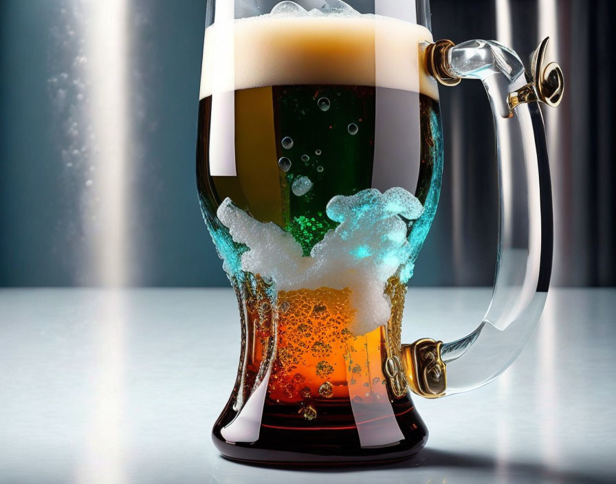 Trumpet-shaped handle beer glass with gradient beer fill and froth overflow