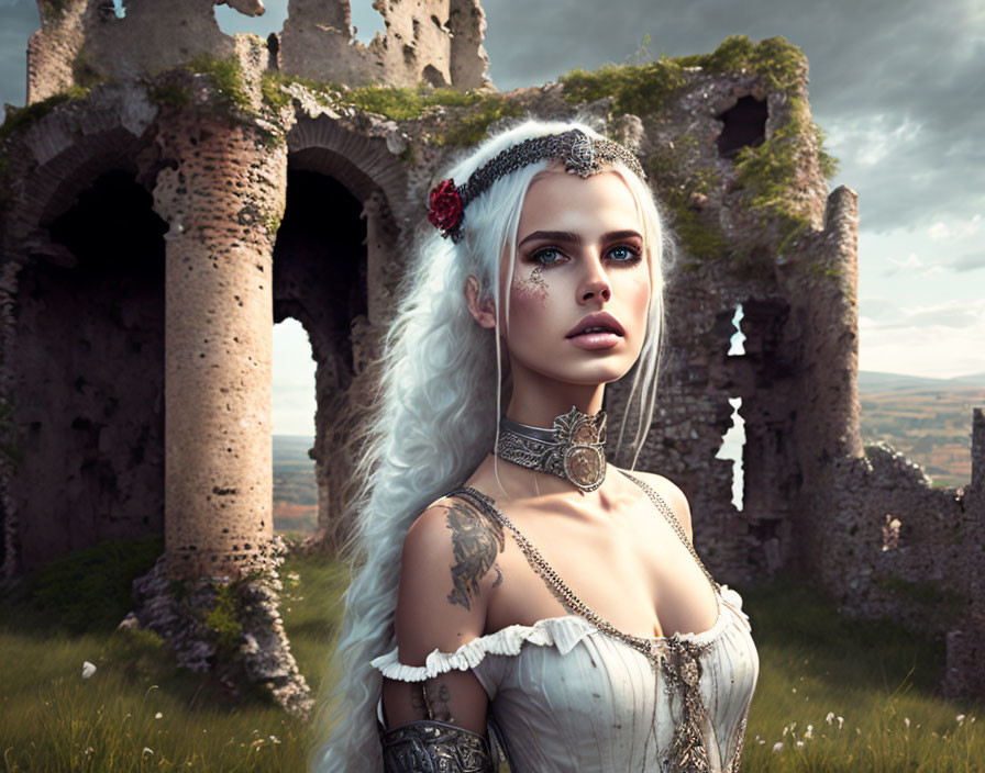 White-Haired Woman in Medieval Attire at Castle Ruin