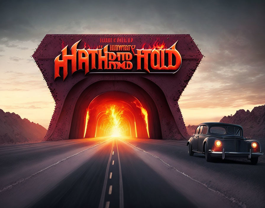 Vintage car near fiery tunnel with "Highway to Hell" text - sunset sky