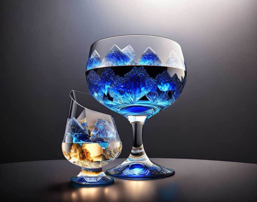 Digital artwork: Glasses with snowy mountain scenes in water against dark backdrop