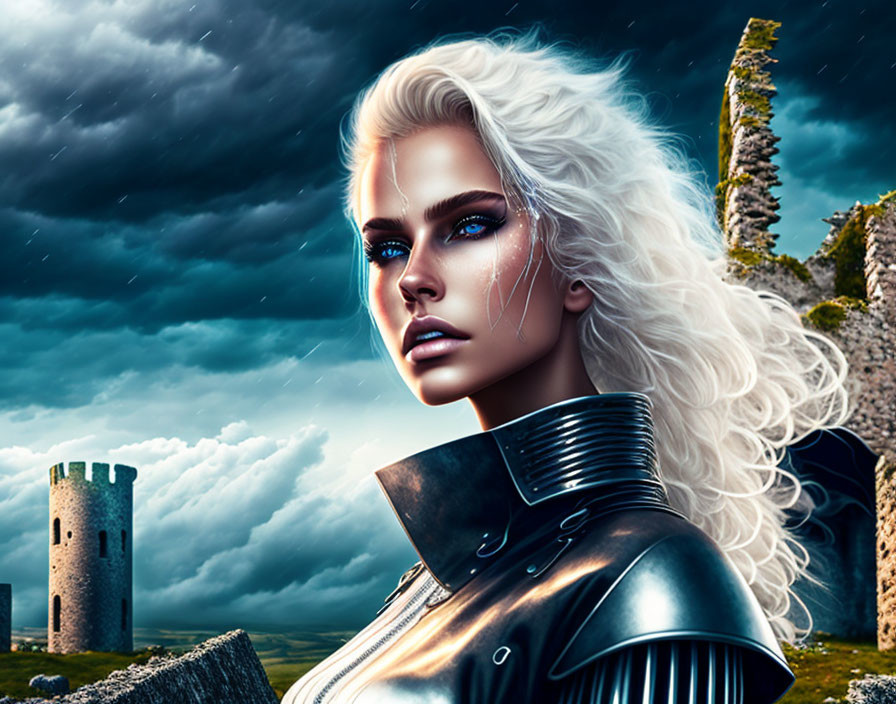 Woman in medieval armor with blue eyes and white hair in stormy castle scene