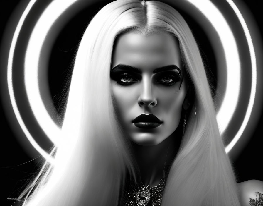 Monochromatic portrait of woman with striking makeup and long white hair against circular light patterns