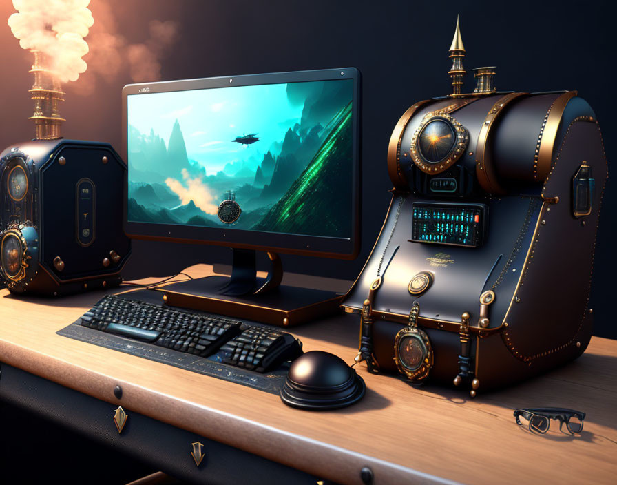 Steampunk-themed Computer Setup with Brass Accents and Vintage Design Elements