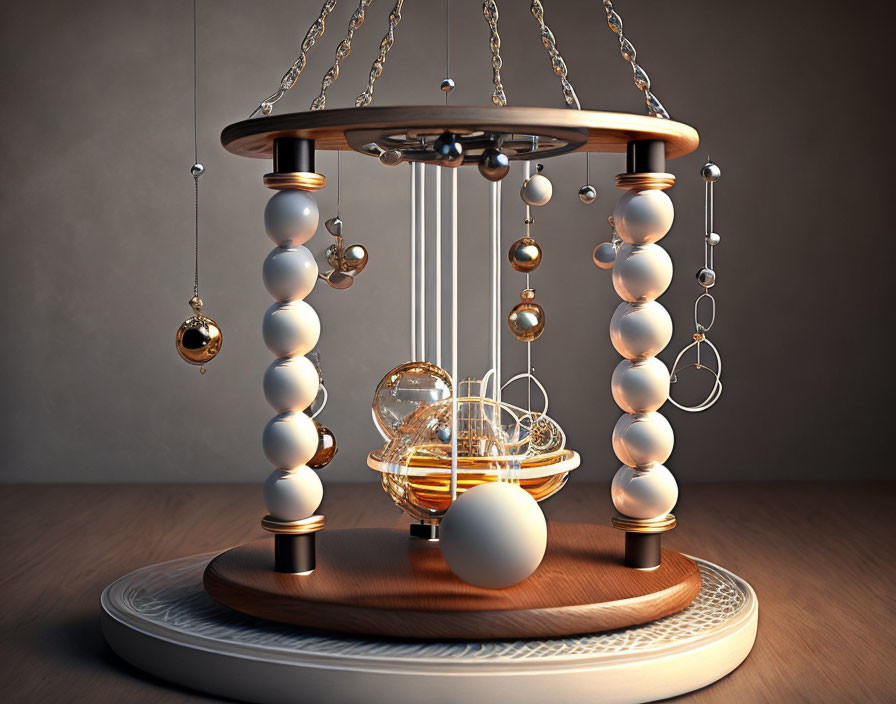 Metallic Spheres and Rings Kinetic Sculpture on Wooden Base