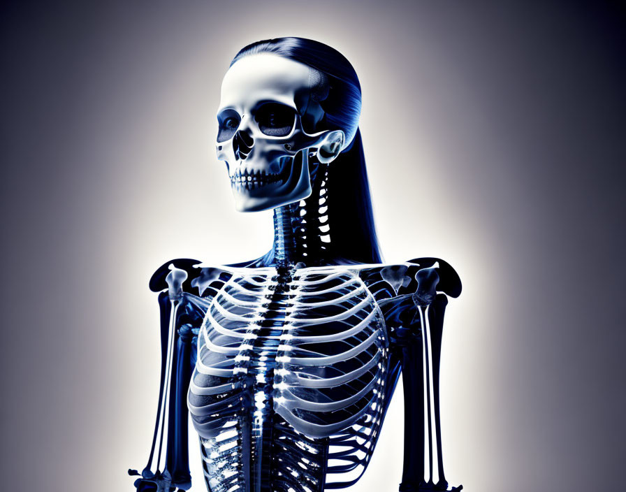 Human skeleton with ghostly woman overlay on gradient background