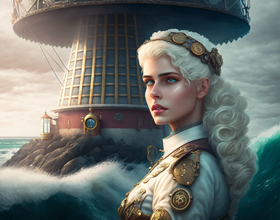 Illustrated woman with white hair in naval uniform near lighthouse in stormy seas