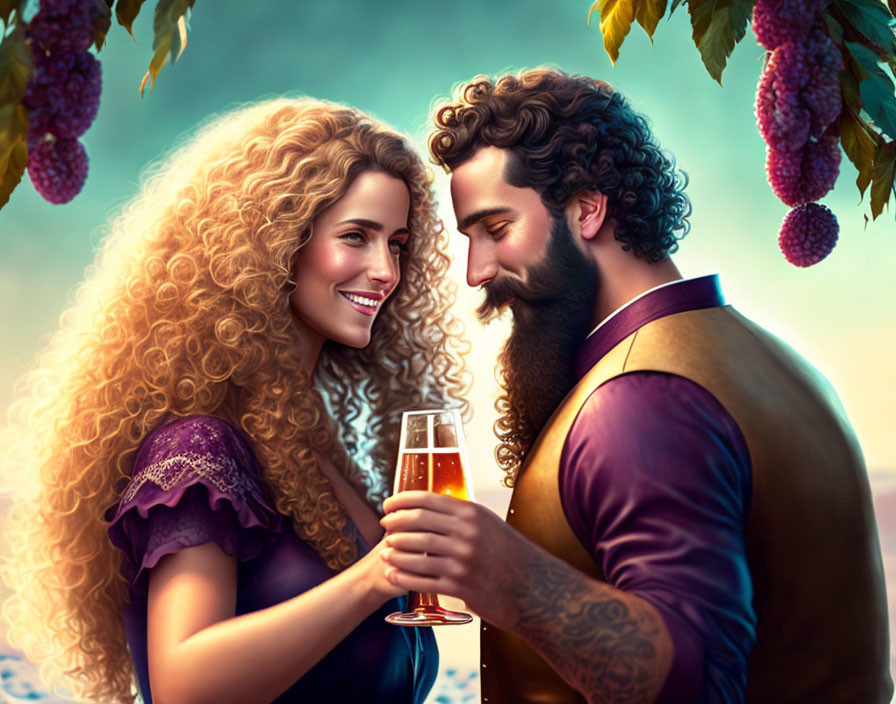 Curly-haired couple toasting with glasses in lush grapevine backdrop