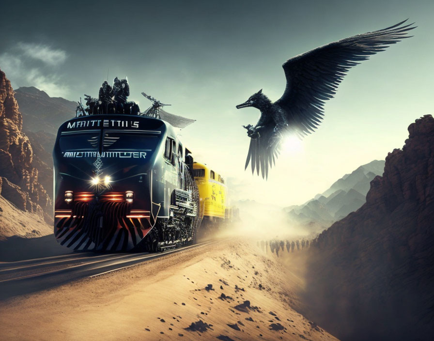 Dark ornate train speeds through desert canyon with large bird flying alongside