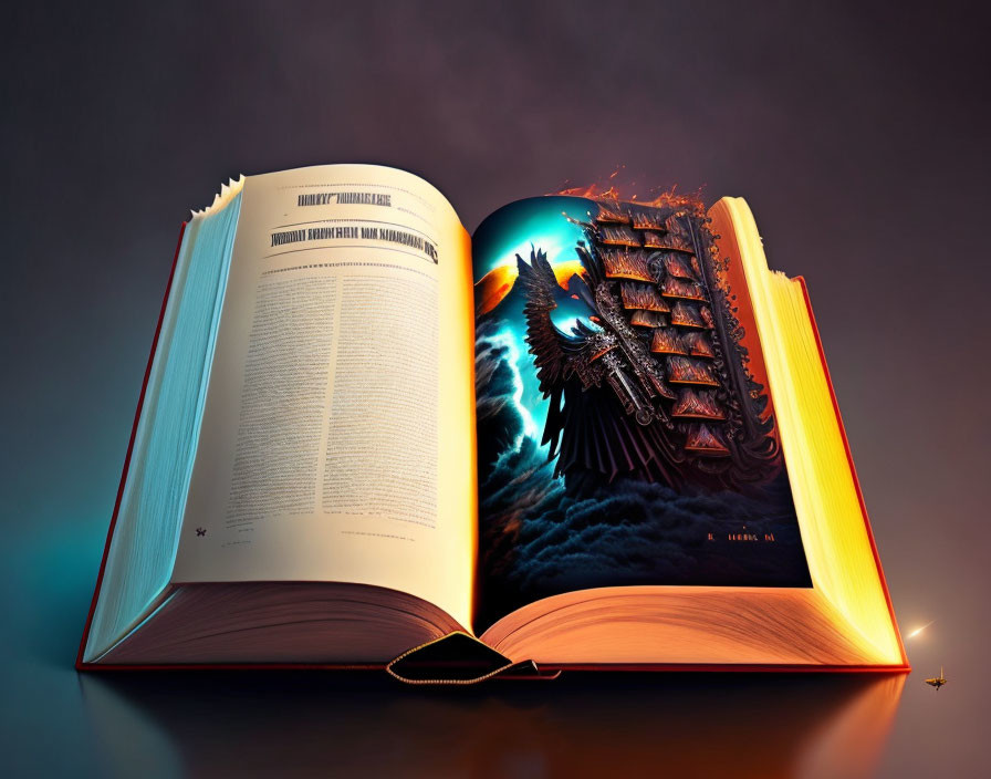 Open book with fantasy illustration of ship and dragon next to text pages