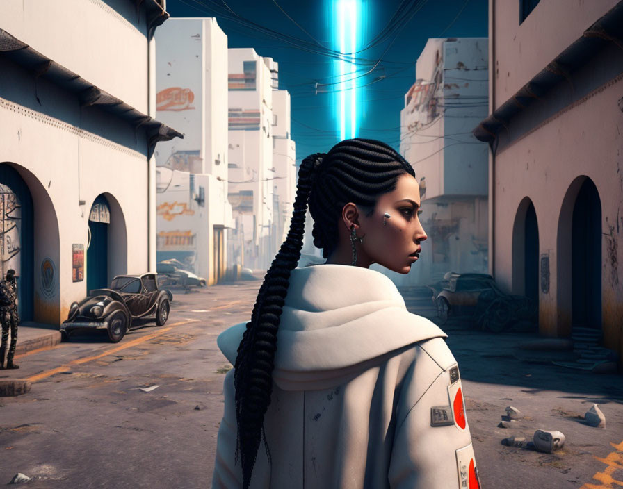 Braided hair woman in futuristic jacket gazes at urban alley with blue beam