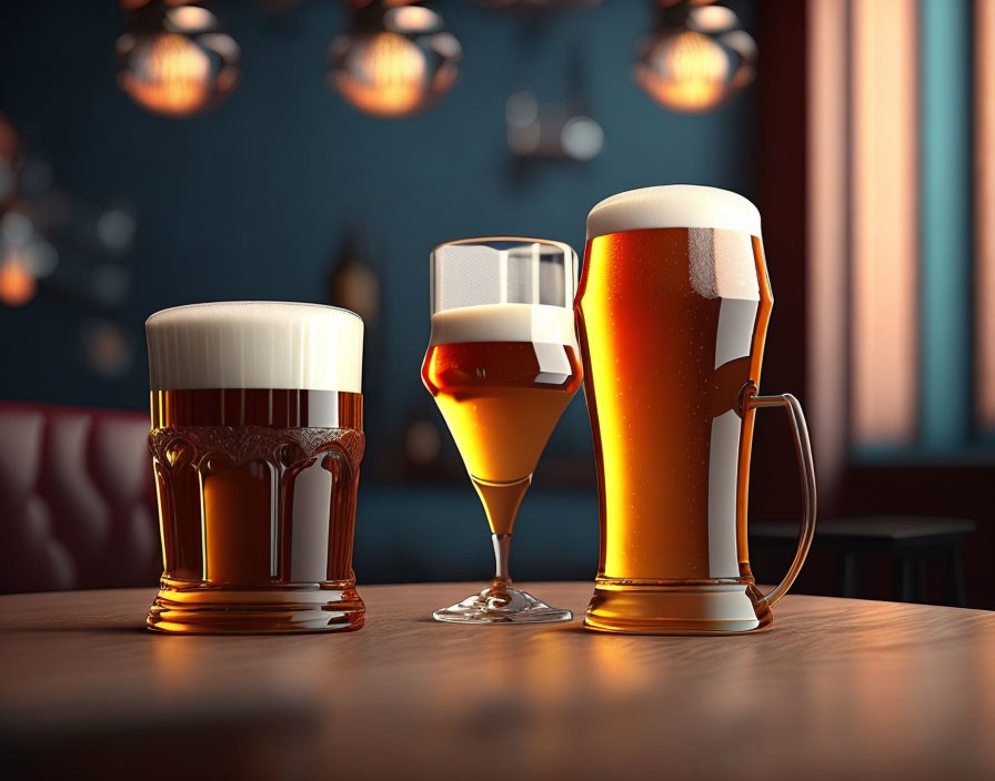 Variety of beer glasses with frothy beers on bar counter in cozy pub ambiance