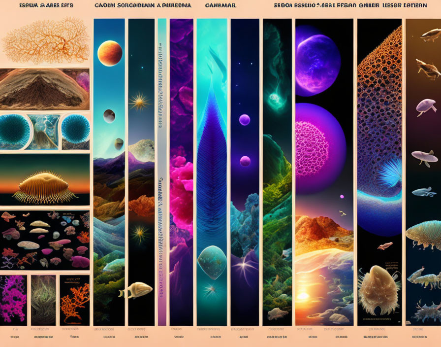 Evolution of life from single cells to sea creatures in vibrant panels