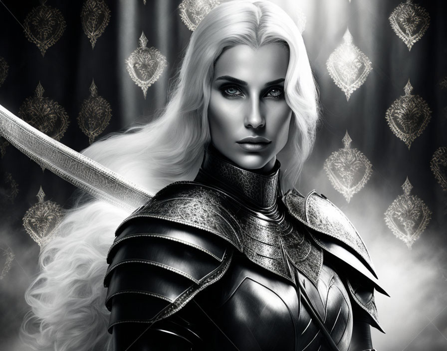 Monochrome fantasy female warrior with long white hair and striking eyes in ornate black armor, holding a