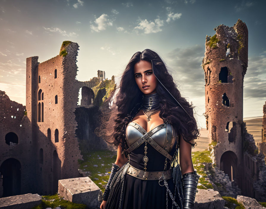 Medieval warrior woman in armor at ancient castle ruins under dramatic sky