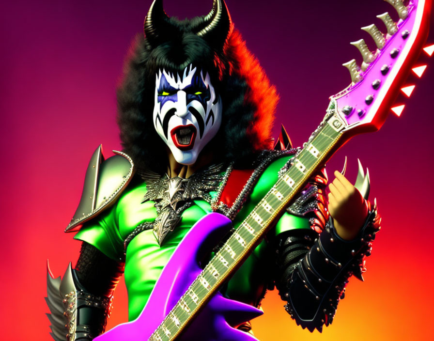 Rock musician character with demon makeup and flame-themed guitar on red background