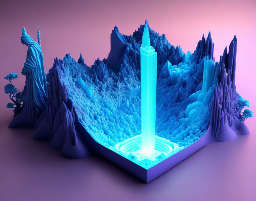 Colorful 3D digital landscape with neon trees and glowing central pillar