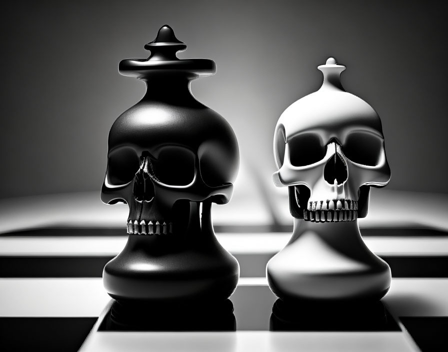 Skull-shaped black and white chess pieces on chessboard symbolize life and death.