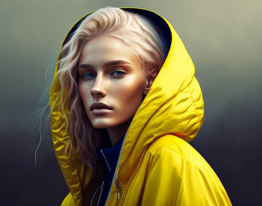 Blonde Person in Yellow Hooded Jacket with Blue Eyes